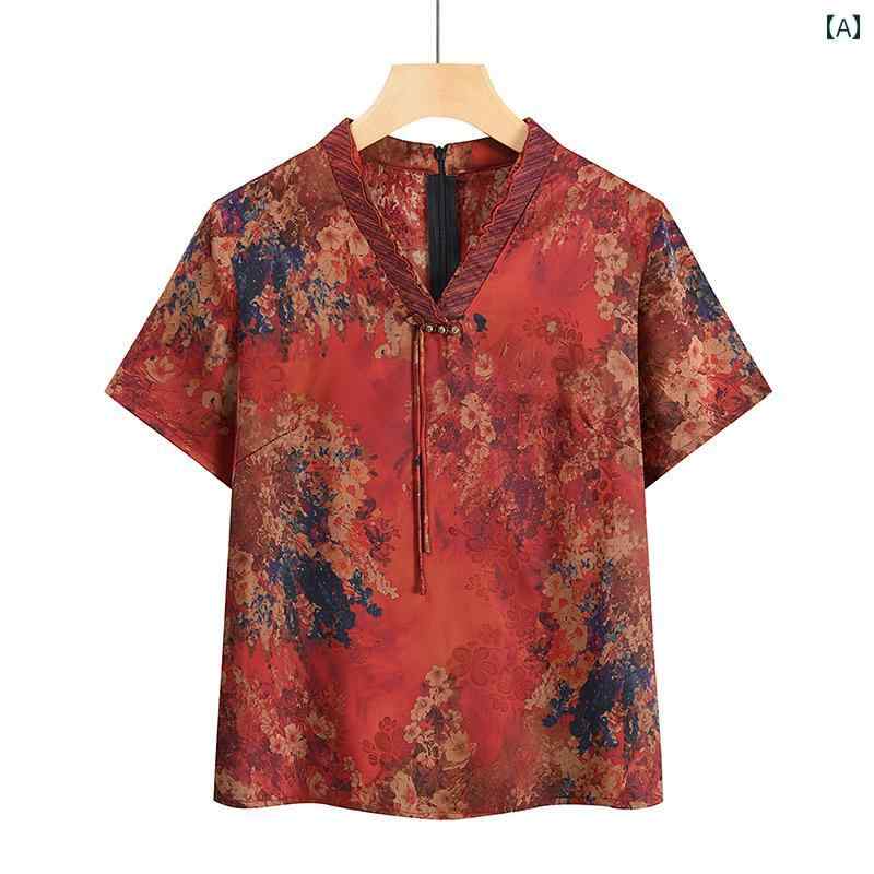 婦人服 おしゃれ Vネック レディース シニア ファッション 半袖 プリント Tシャツ トップス 夏 ゆったりタイプ プルオーバー 薄手 ラウンドネック 大きめサイズ