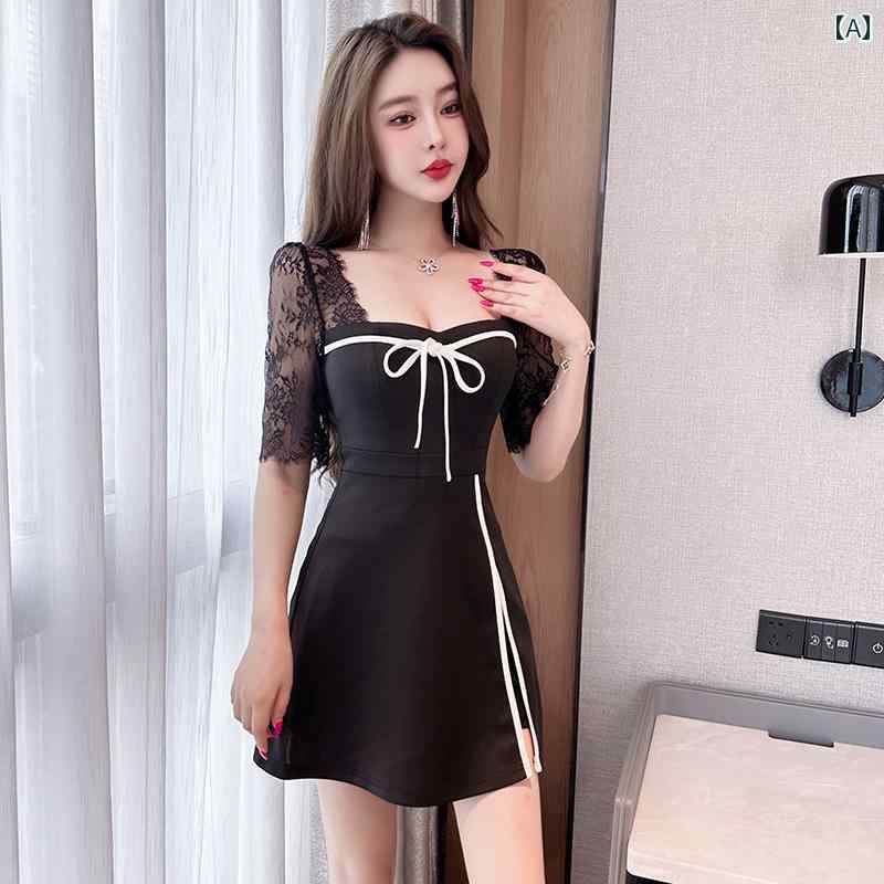 レディース レディース スーツ ドレス セクシー エレガント レース モダン クラブ ラウンジ 衣装 アップ ショートスカート リボン グラマラス シースルー 透け感