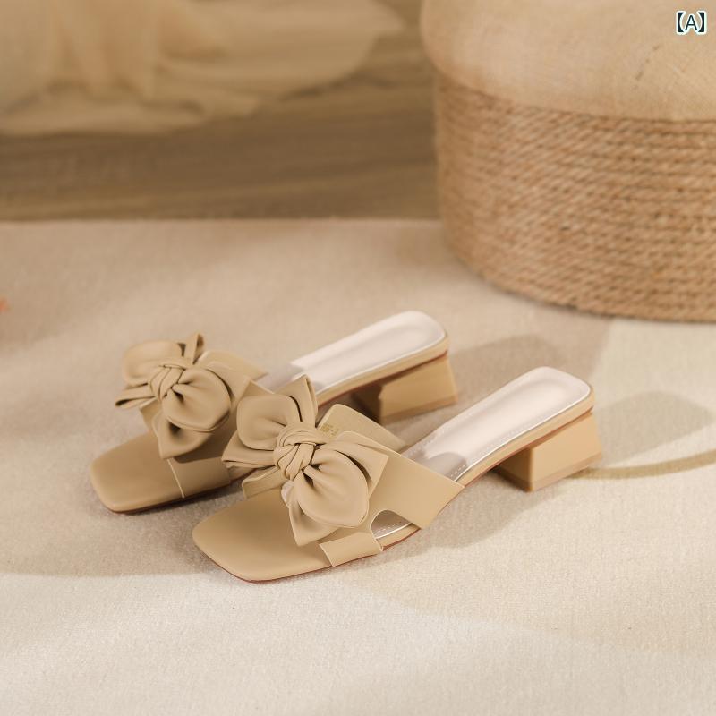 レディース 夏 ミュール 歩きやすい 厚手 ヒールサンダル スリッパ 女性 アウター ぺたんこ 外出 蝶 ネクタイ フェアリー スタイル