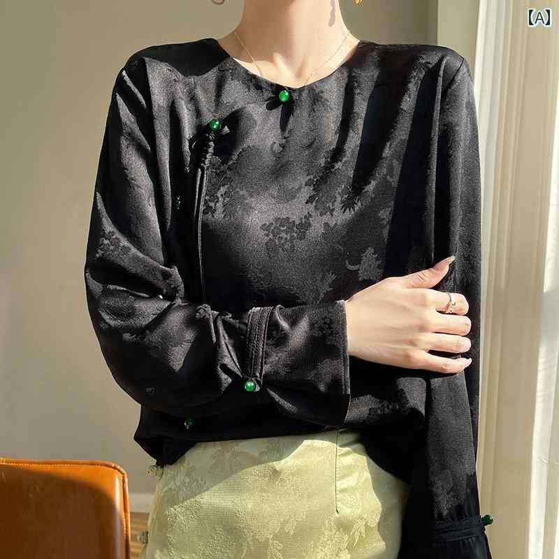 樂天商城 - レディース カジュアル トップス 婦人服 シャツ 中華風 ディスク ボタン 斜め ジャカード 女性 アセテート サテン 漢服