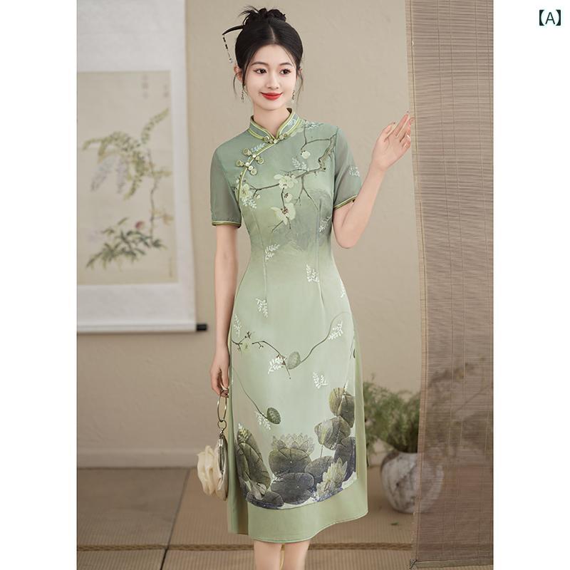 ドレス チャイナ 夏 マザーズ 上品 おしゃれ ワンピース 洗練 大人 レディース パーティー 同窓会 グリーン アオザイ スタイル 子供 ママ 中華風 女性