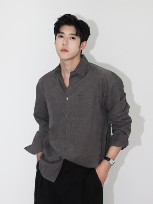 シャツ メンズ カジュアル 長袖 シンプル 軽量 大人 韓国 クリーン フィット フローラル グレー