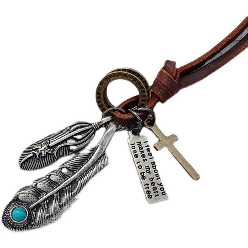 ネックレス レトロ ターコイズ フェザー シルバー 合金 ロング メンズ ヒップ ホップ 個性 セーター チェーン ペンダント 女子 学生 アクセサリー