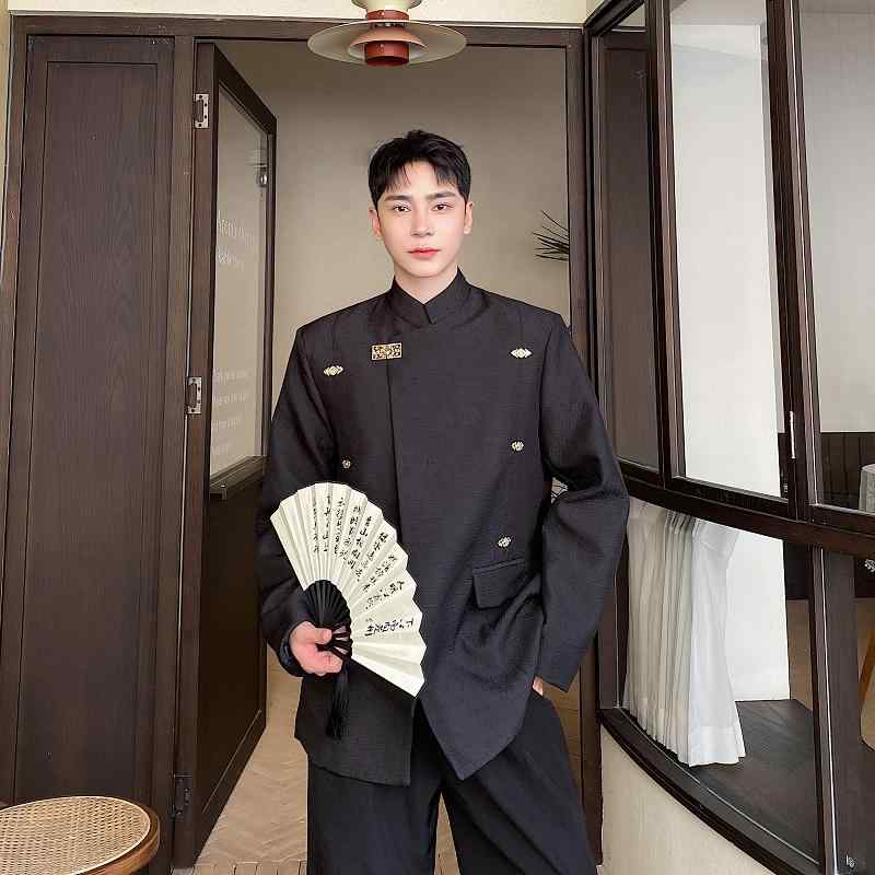 ジャケット メンズ 秋 カジュアル かっこいい 中華風 スタンドカラー メタル バックル スーツ 立体的 質感 レトロ スーツ