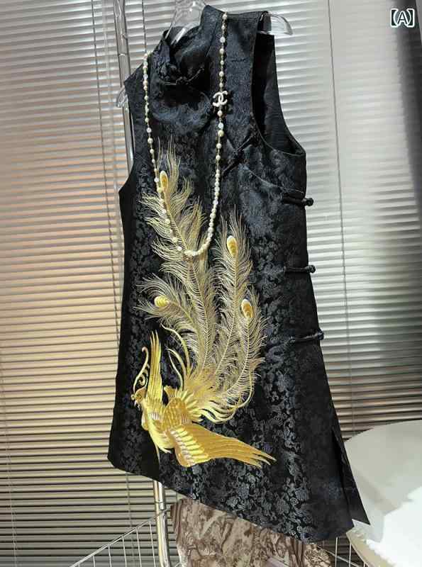 レディース カジュアル チャイナ ベスト チョッキ おしゃれ 中華風 バックル 女性 ミドル丈 タンクトップ 黒 唐装 トップス