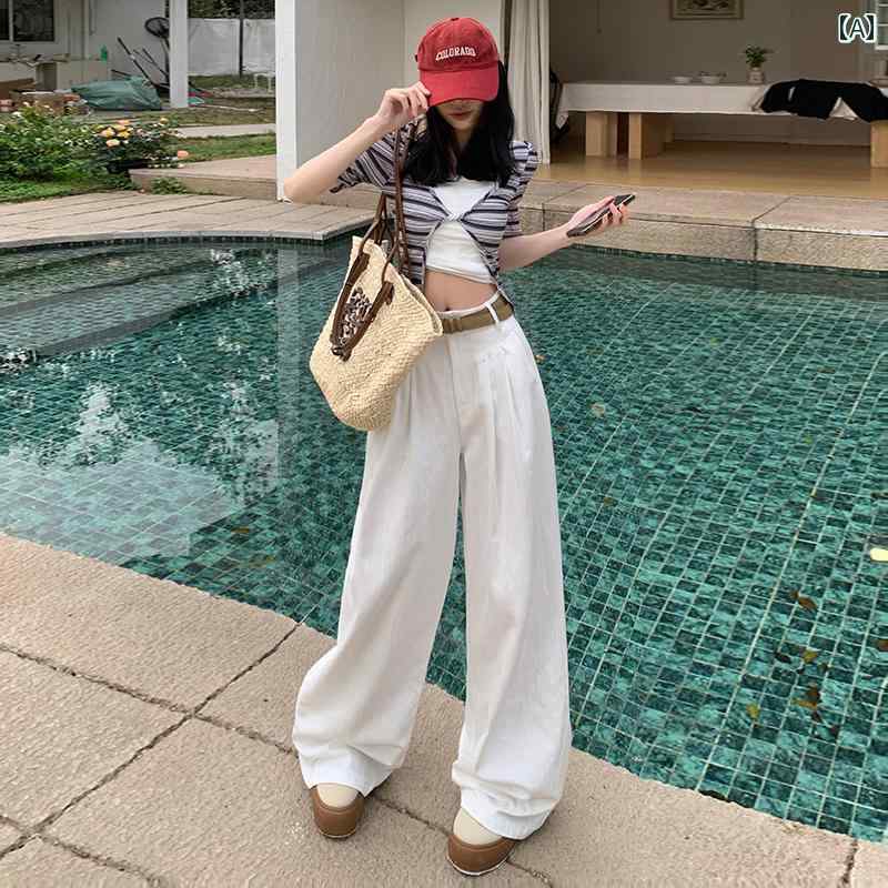 レディース パンツ デニム アメリカ ハイウエスト プリーツ ワイド レッグ ジーンズ 女性用 ドレープ ストレート フロア レングス