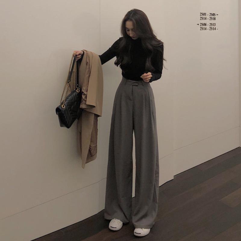 レディース 秋 カジュアル 女性 初 グレー ワイド レッグ スーツ ハイウエスト スリム ストレート レッ..