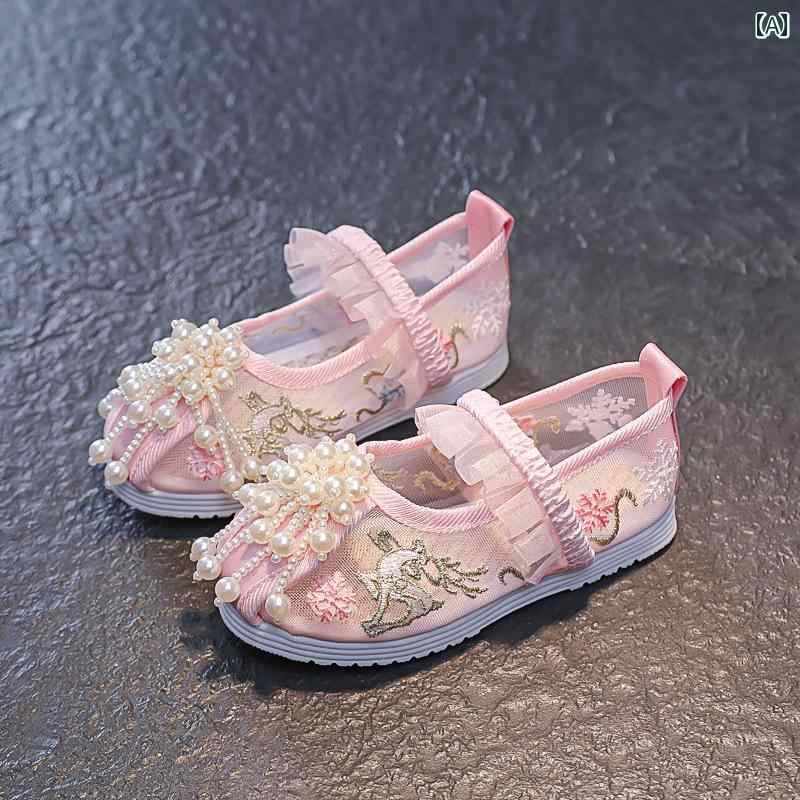 夏 子供靴 かわいい メリージェーン シューズ 通気性 キッズ 女の子 韓服 靴 子供 刺繍 サンダル 布靴 アンティークスタイル 春 快適 メッシュ ソフト ソール 中華風 パフォーマンス
