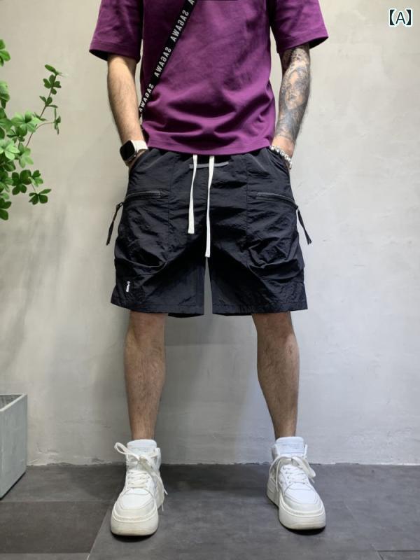 Short, Half Pants - 夏 メンズ 速乾 ポケット ジッパー カーゴ ショーツ 韓国 カップル 薄手 パンツ 五分丈 レジャー ストレート カジュアル