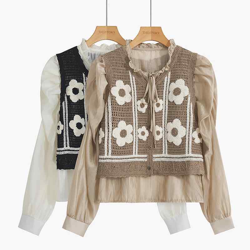 シャツ トップス レディース ファッション カジュアル 普段使い カーキ レースアップ 女性用 スリム 長袖 ツーピース セット 薄手 ベスト ニット ベスト(4)