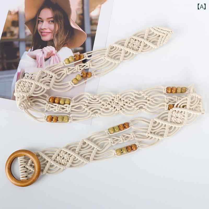 編み込みベルト ビーズ レトロ ウッド ラウンドバックル エレガント レディース 麻 ロープ アクセサリー ウエスト アクセント アップ効果 リゾートテイスト おしゃれ かわいい 快適アイテム