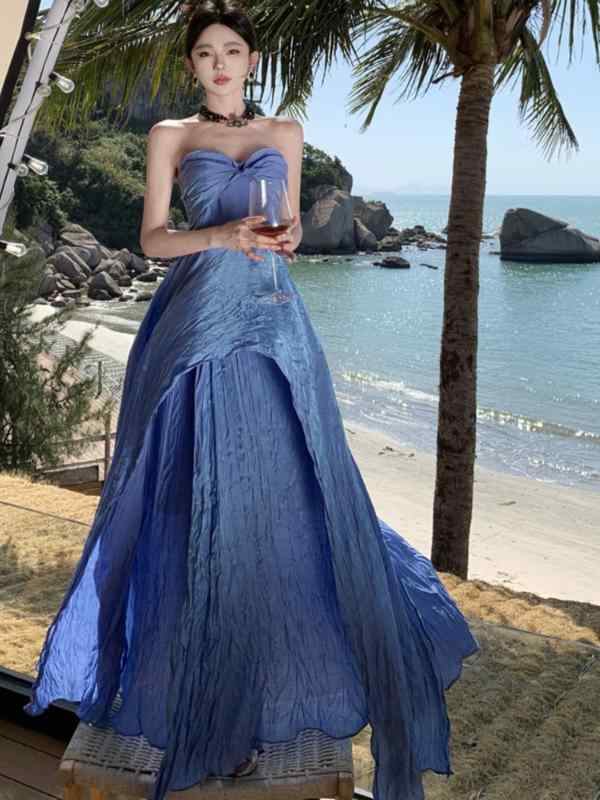 イブニングドレス 中国 ドレッシング ガウン レディース 花嫁 祝賀 会 ドレス 婚約 ドレス ブルー チューブ トップ リゾート ワンピース(4)