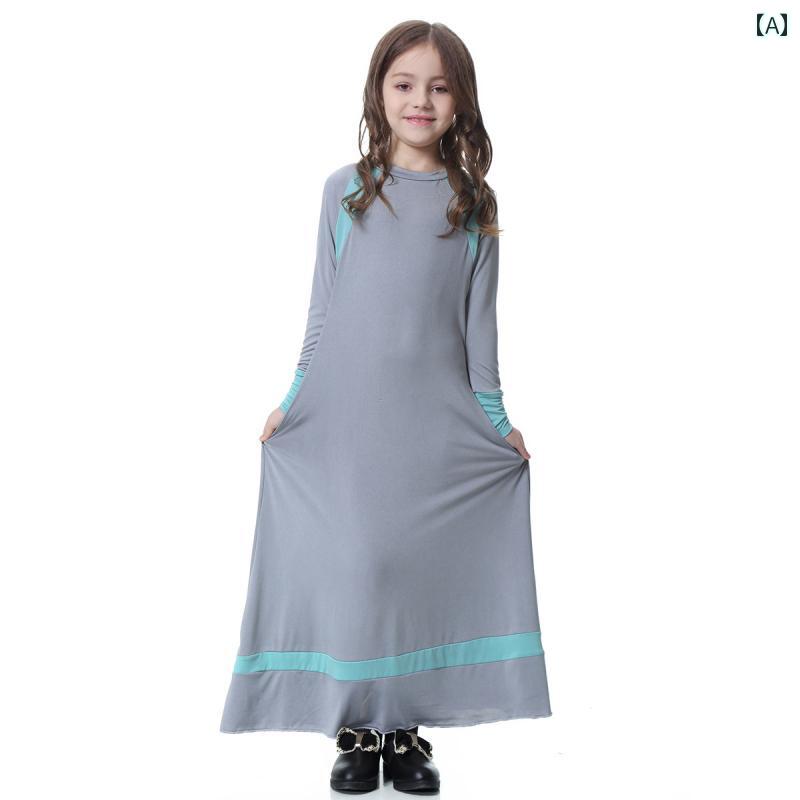 スカート ドレス レディース ファッション 恵 子供服 ロング ガールズ カラー ブロック ドバイ ガールズ ローブ 単層不 浸透性 エスニック