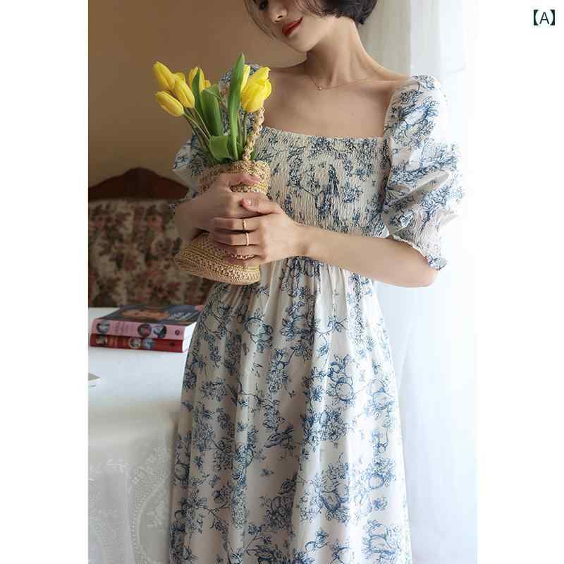 レディース ワンピース 七分袖 レトロフローラルプリント 中世期の西洋柄 アンティーク ロマンティック スクエアネック パフスリーブ ミディ丈 エレガント クラシック Aライン コットン フェミニン