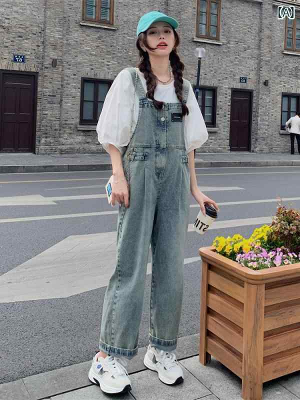 レディース デニム サロペット オーバーオール オールインワン ロングパンツ ゆるかわ 細見え アップ効果 おしゃれ かわいい デート イベント フェス レジャー アウトドア 普段着 衣装 お揃い リンク 映え 美シルエット