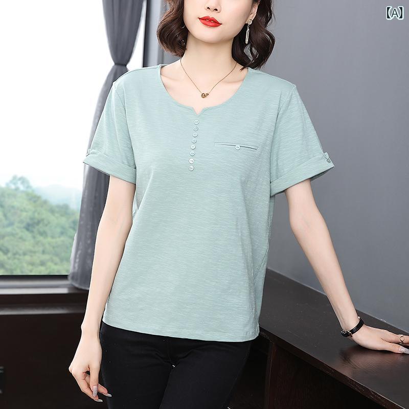 レディース カジュアル 夏 トップス シャツ サマー 快適 普段使い 婦人服 マザーズ 母 半袖 コットン 女性 大きいサイズ V ネック フレッシュ 小さい