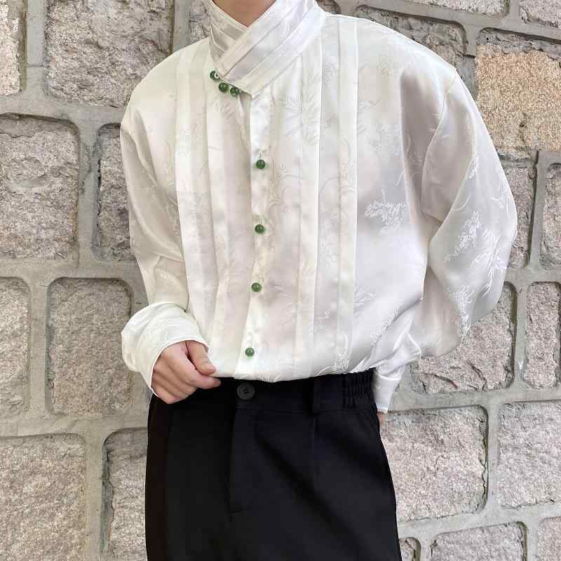 シャツ メンズ 秋 カジュアル 長袖 中華風 ジャカード サテン プリーツ スタンドカラー チャイナ トップス