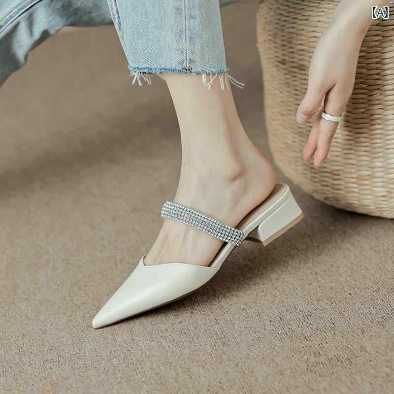 レディース 夏 ラインストーン ミュール おしゃれ ハーフ スリッパ 女性 太い ヒール 一文字 ヌバック..