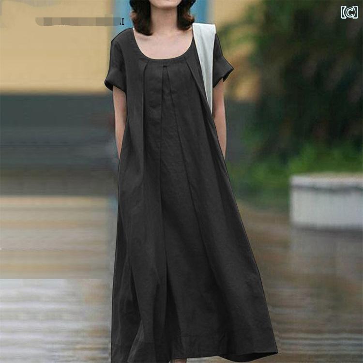 レディース 夏 エスニック ドレス ワンピース ソリッドカラー 半袖 コットンリネン レトロ サマー 3