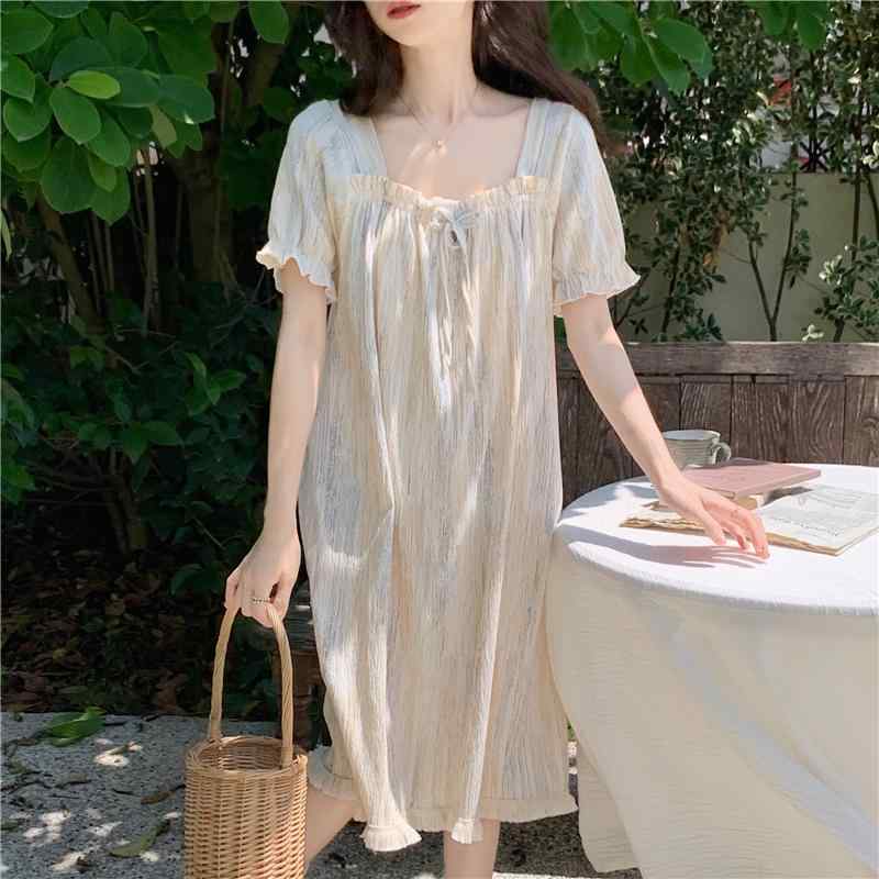 ネグリジェ レディース ナイトガウン 夏 織り 綿 丈 半袖 レディース プリンセス パジャマ 妊婦 レディース 夏 外着 ミモレ丈 ナイトウェア ルームウェア