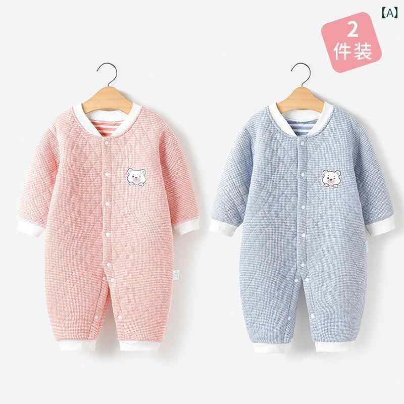ロンパース かわいい ベビー ジャンプ スーツ 2枚 組 春秋用 キルティング あったか ベビー 服 新生児 服 アウター用 肌着
