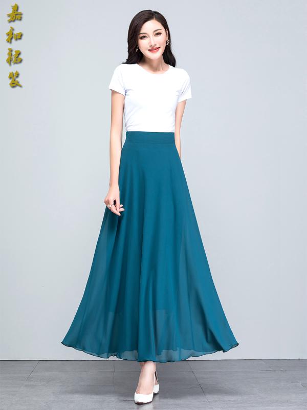 スカート レディース 夏 シフォン 無地 ブルー ミドル丈 大きめ サイズ ダンス a ライン 大きい 裾 ロング