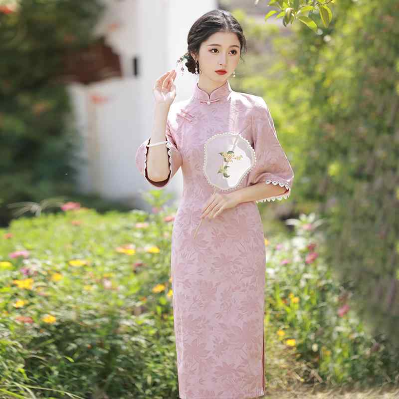 ドレス 秋 冬 チャイナ 美しい 撮影 衣装 レトロ チャイナ 反転 大きい 袖 ピンク 若々しい 厚手 女性 民族風 レトロ