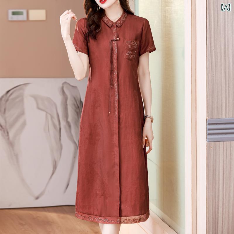 レディース ワンピース きれいめ 上品 マザーズ ミセス 婦人服 刺繍 レッド クラウド シャ 大きいサイズ 女性 レトロ シャツ カラー ドレス