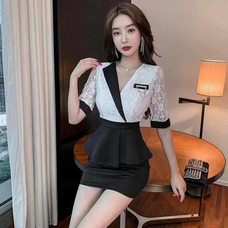 美容系 サロン 制服 接客 ユニフォーム レディース レース切り替え シンプル おしゃれ タイトスカート チュニック セットアップ Vネック 五分袖 キャバ嬢 ドレス