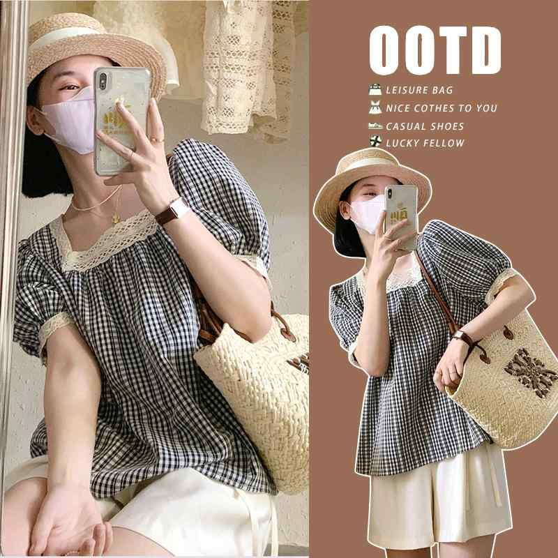 マタニティ スーツ 夏 韓国 フレッシュ スクエアネック ベビー ドール 半袖 チェック トップ 腹 サポートショーツ セットアップ 夏 妊婦