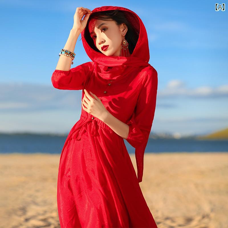レディース リゾート ワンピース 女性用 ビーチ ドレス 砂漠 赤い 休暇用 大きい スカート フード付き 旅行用 写真用 エレガント スーパー フェアリー