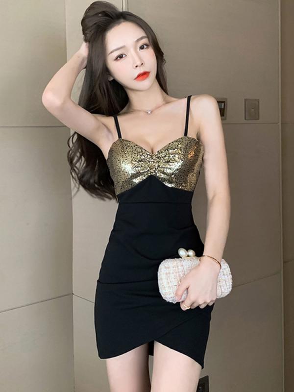 キャバ 魅惑 サスペンダー ドレス 春夏 vネック フットバス ナイロン ブロケード ショート丈