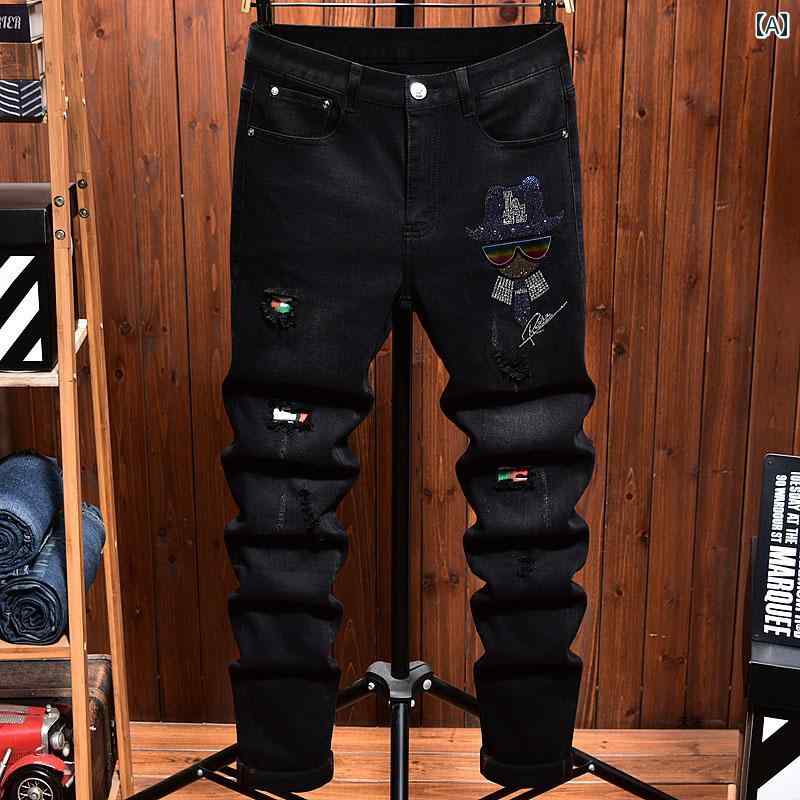 メンズ リップド ジーンズ スリム フィット ブラック ストレッチ ロング パンツ デニム オールシーズン 穴 キズ ストレートレッグ