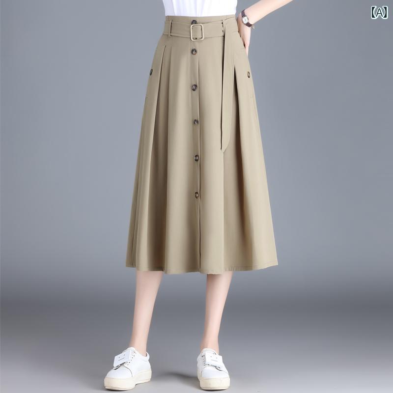 レディース 秋 フレア シングルブレスト Aラインスカート ミモレ丈スカート プリーツスカート カジュアル 婦人服 ハイウエスト ファッション