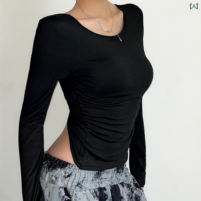 レディース トップス スキーム バックレス スリット 裾 ラウンドネック 長袖 T シャツ 女性 秋 スタイリッシュ ブラック スリム アウター