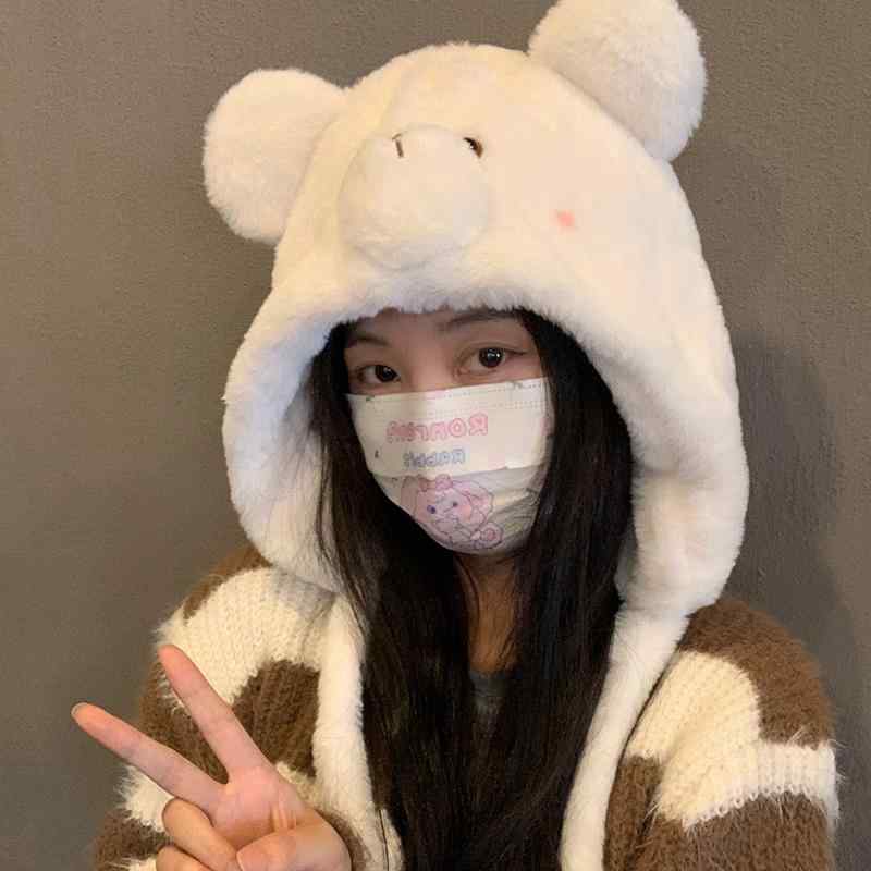 Wear - レディース 冬 帽子 かわいい クマ 耳 ぬいぐるみ ロシア 暖かい 厚手 サイクリング 耳保護 プルオーバー 包頭