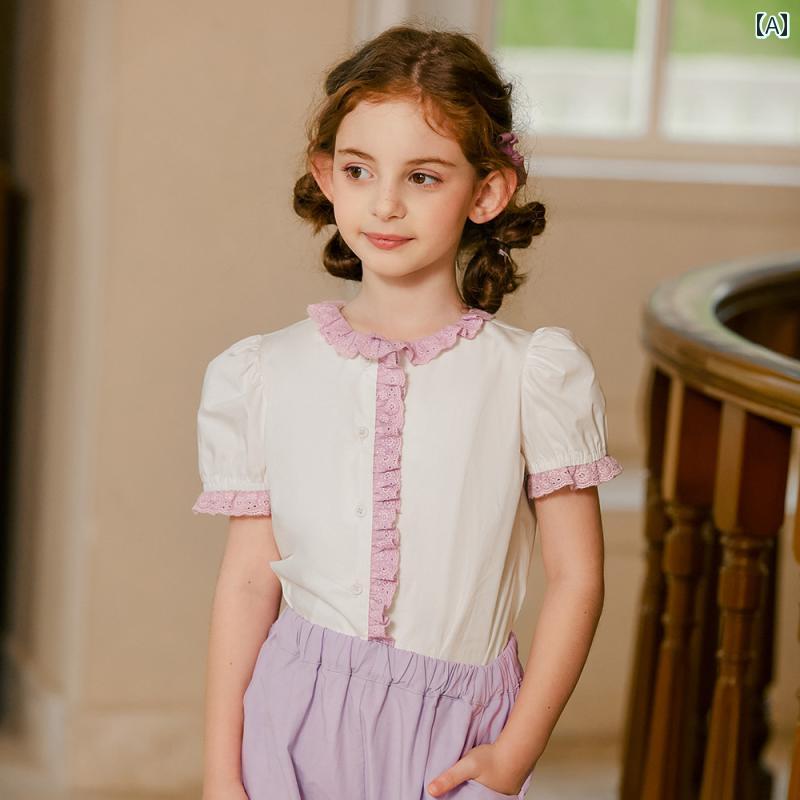 トップス Tシャツ 半袖 子供服 カジュアル キッズ 夏 フレンチ パフスリーブ 子供 コントラスト レース