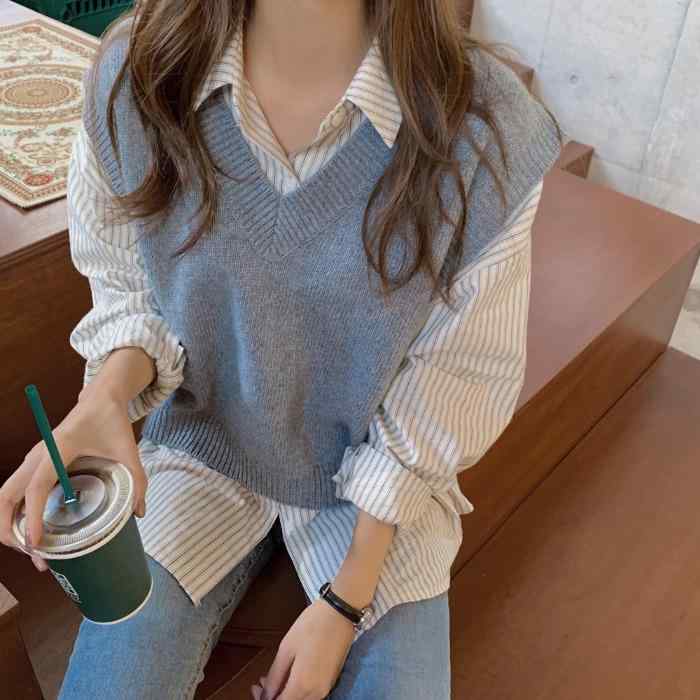 樂天商城 - シャツ 秋 冬 レトロ プルオーバー ノースリーブ Vネック セーター 小さい セーター ベスト 女性 ストライプ