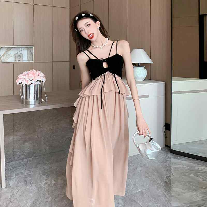 キャミソールドレス 魅惑 ステッチ シフォン ドレス レディース フリル フェアリー スカート ハイウエストロングスカート ノースリーブ(4)