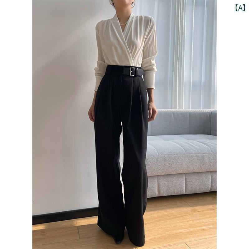 レディース パンツ ボトムス 黒 韓国 ハイウエスト ドレープ 春秋冬 ストレート ワイドレッグ カジュアル ハイウエスト シック モード スタイリッシュ エレガント オールシーズン 黒