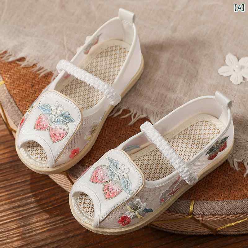 夏 子供靴 かわいい メリージェーン シューズ 通気性 キッズ 女の子 衣装 韓服 靴 パフォーマンス 布靴 メッシュ プリンセス サンダル チャイナ 刺繍
