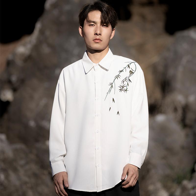 シャツ トップス シャツ メンズ レトロ チャイニーズ スタイル かっこいい 竹 葉 刺繍 唐装 長袖 スタンドカラー チュニック
