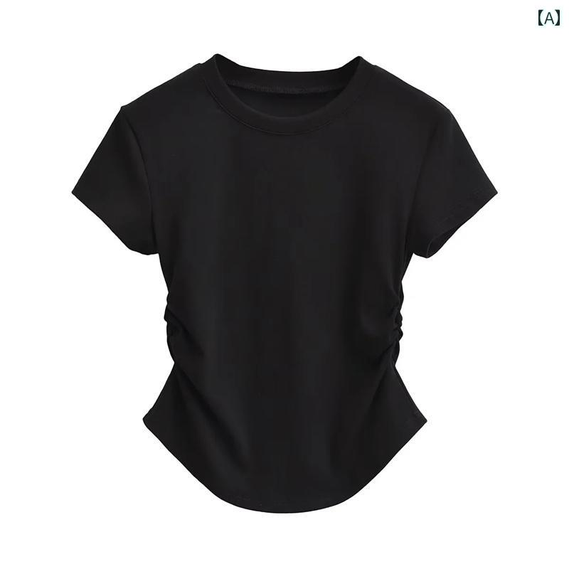 T-Shirts - トップス レディース 小さい ラウンドネック グレー 半袖 Tシャツ 女性 夏 プリーツ ウエスト ショート スタイリッシュ ガール イン