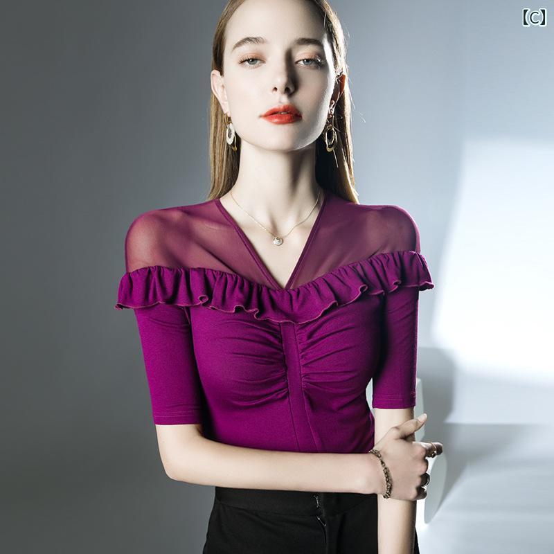 トップス 社交ダンス レディース 夏 ラテン ダンス 服 高級 メッシュ 美しい 背中 女性 ミッド スリーブ モダン 練習 服 3