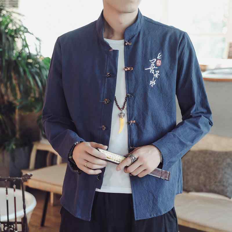 シャツ メンズ 秋 長袖 アウター リネン 中華風 綿 リネン 刺繍 レトロ 唐 スーツ 漢服 大きいサイズ