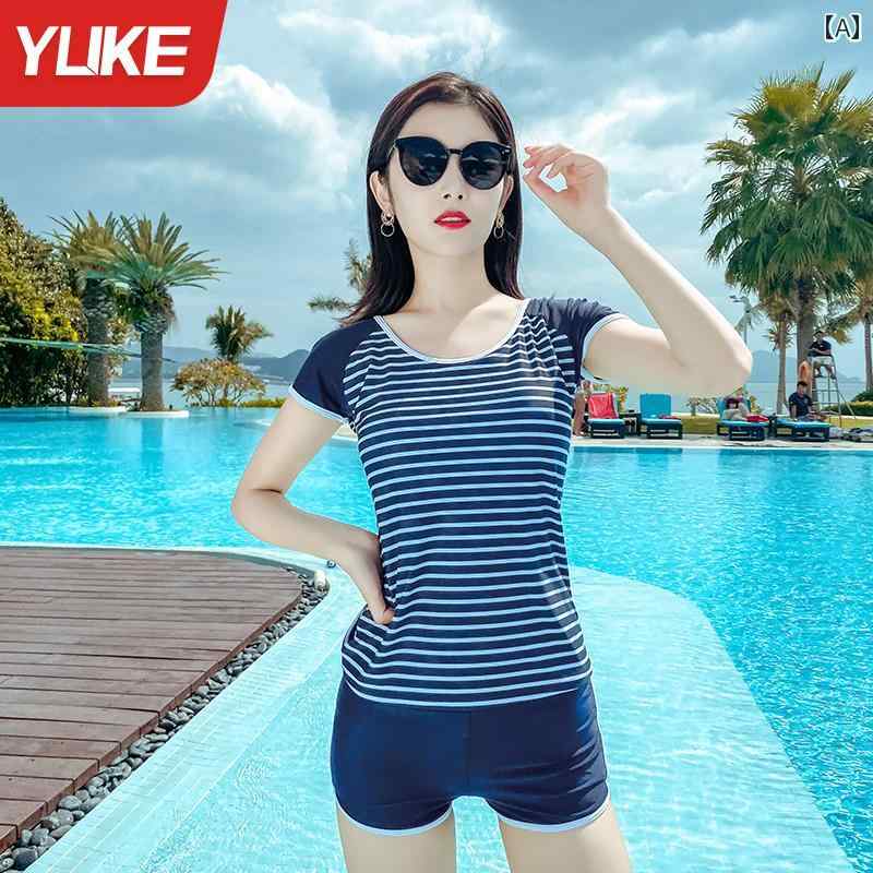 水着 レディース お腹カバー 夏 ビーチ プール リゾート ボクサー セパレート 半袖 ラウンドネック スパンデックス スイム ウェア ウエスト カバー(4.0)