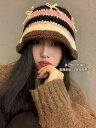 レディース 冬 カジュアル ウール 帽子 ハット レトロ リボン ストライプ フィッシャーマン 対照的 暖かい 厚手 手編み バケット ハット