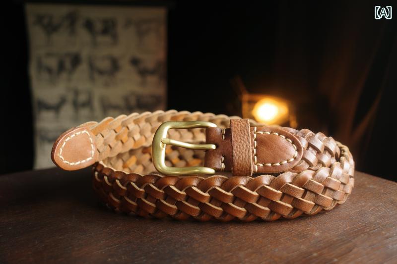 メンズ レディース ベルト 牛革 織り ヴィンテージ ユニバーサル 革 シンプル 文学 銅 バックル ズボン