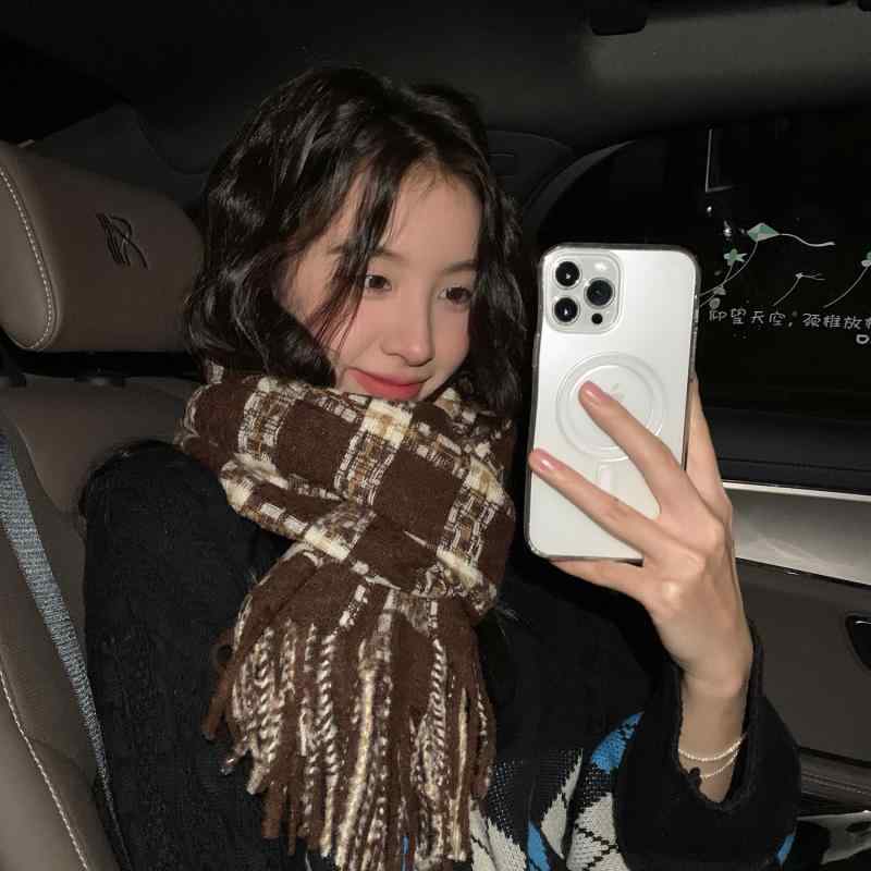 レディース 秋 冬 マフラー レトロ カラー ブロック チェック柄 スカーフ ロング スクエア タッセル シ..