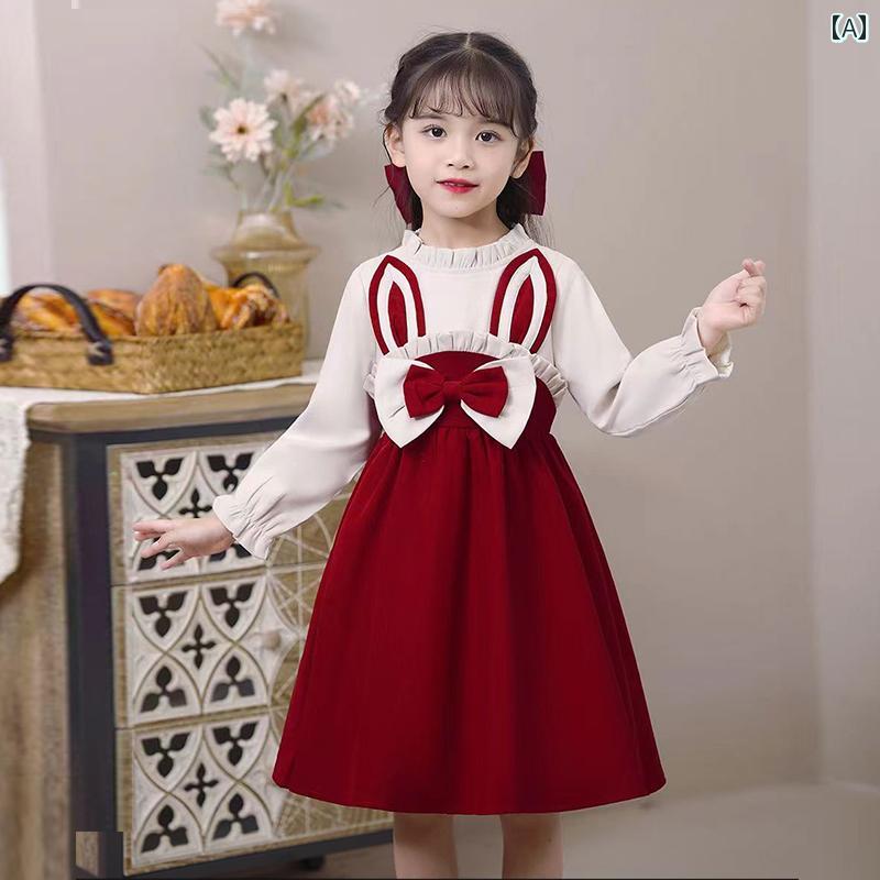 女の子 ガーリー ドレス 秋冬 プリンセス お姫様 ワンピース 子供 キッズ ピンク フレア スカート かわいい フリル うさぎさん ラビット フロントリボン 紅白